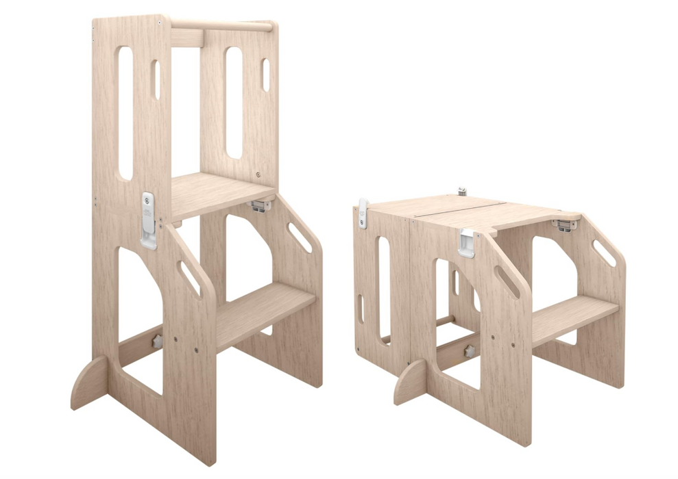 Busy Kids Toddler Tower Kitchen Stool + Art Desk, Natural
