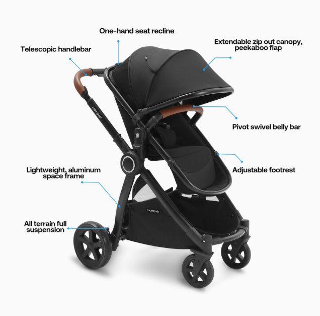 Mompush Ultimate 2 Baby Stroller with Bassinet, 2024, Black with Black Frame