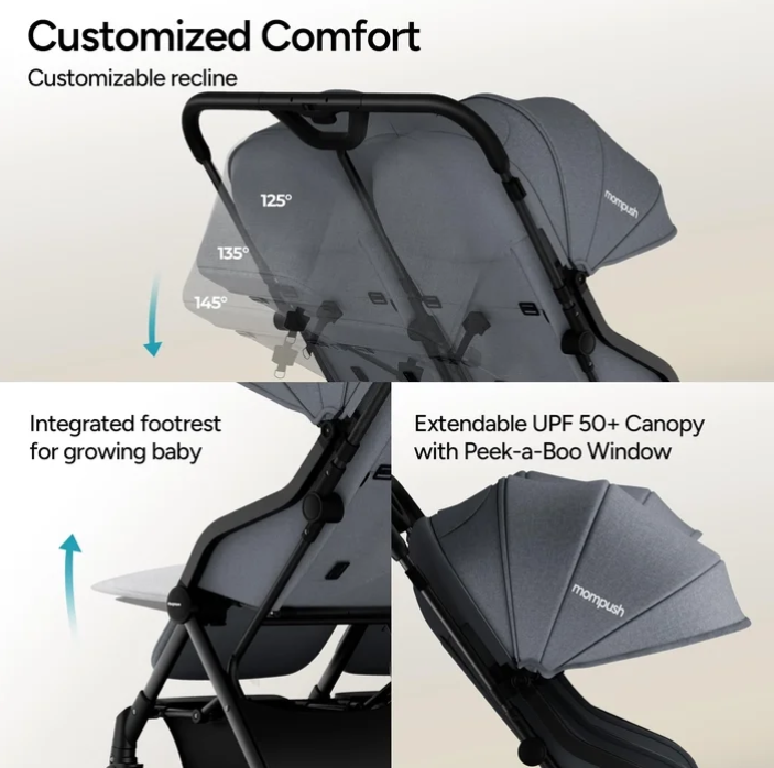 Mompush Lithe Double Stroller, 2025, Grey