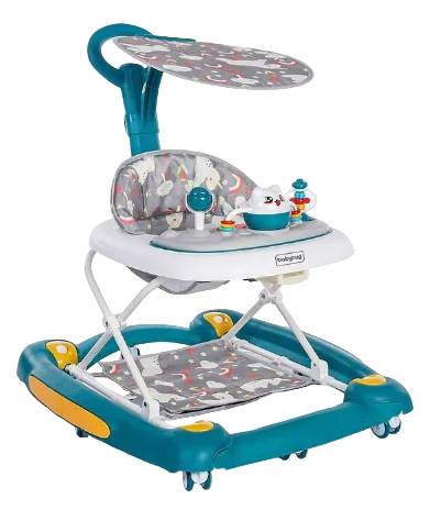 Babyhug Unicorn Foldable Baby Walker Rocker With Sun Shade, Blue