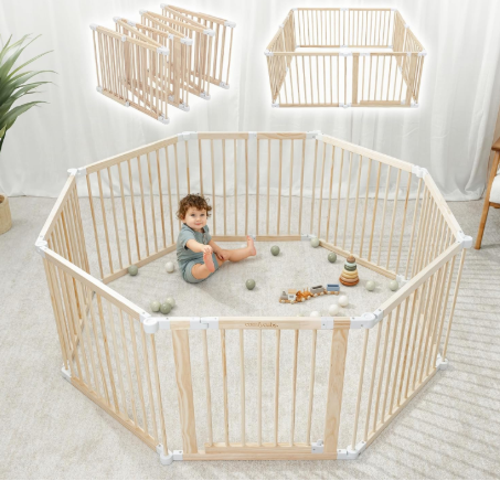 Comfy Cubs Foldable Baby Gate Playpen, Natural Wood