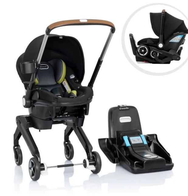Evenflo Shyft Dual Ride Infant Car Seat Stroller Combo, 2024, Durham Green, with Carryall Storage