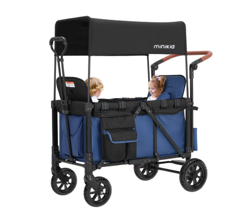 Minikid 2 Seater Stroller Wagon with Adjustable Handlebar, Blue