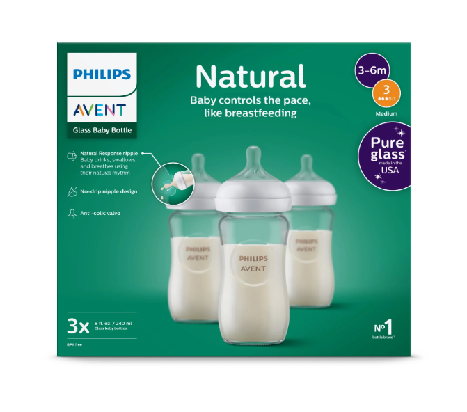 Philips Avent Natural Glass Baby Bottles, 8oz, 3 Pack