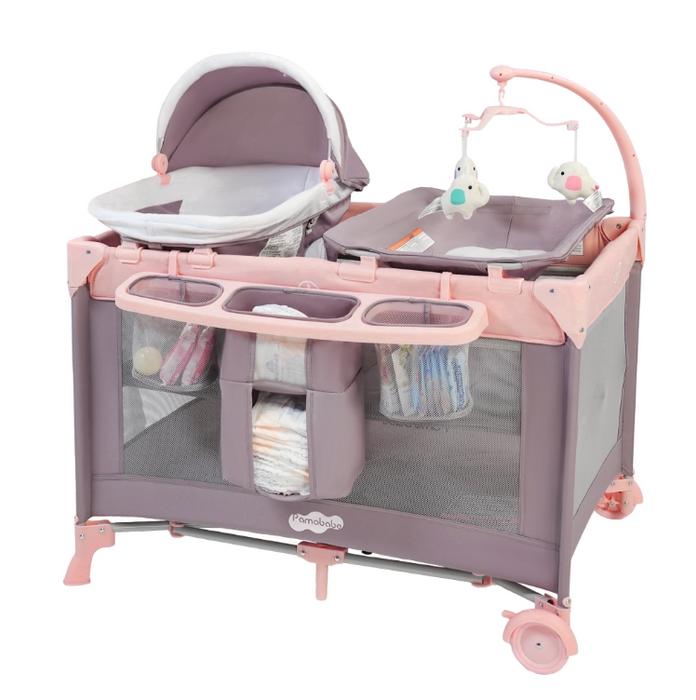 Pamo Babe Pack and Play 4-in-1 Baby Playard with Bassinet & Changing Table, Pink