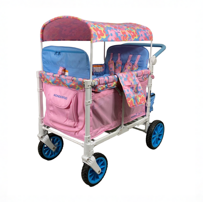 Wonderfold W4 Luxe Quad Stroller Wagon, 2023, Petal Pop Fabric, White Frame with Blue Handlebar