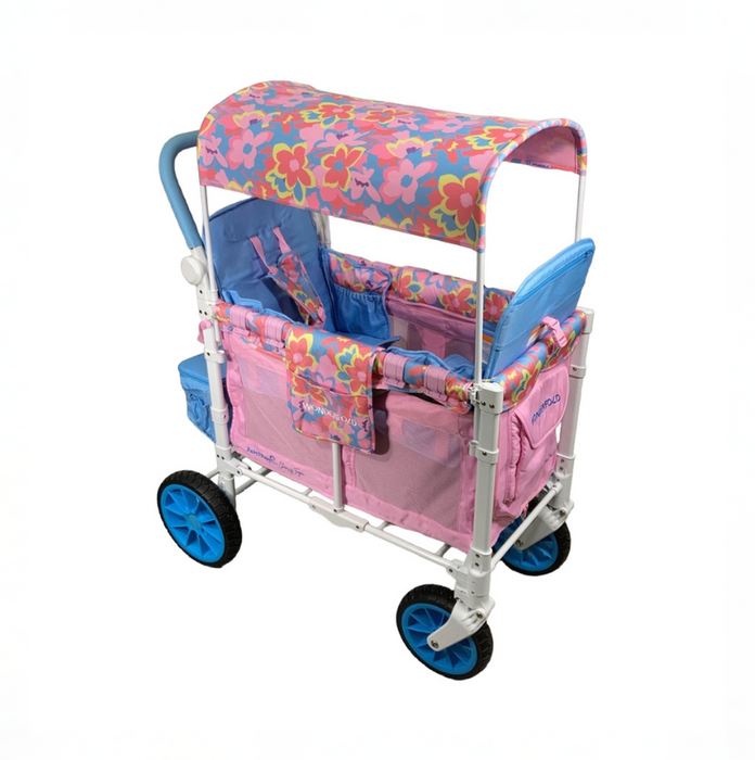 Wonderfold W2 Luxe Multifunctional Double Stroller Wagon, 2023, Petal Pop Fabric, White Frame with Blue Handlebar