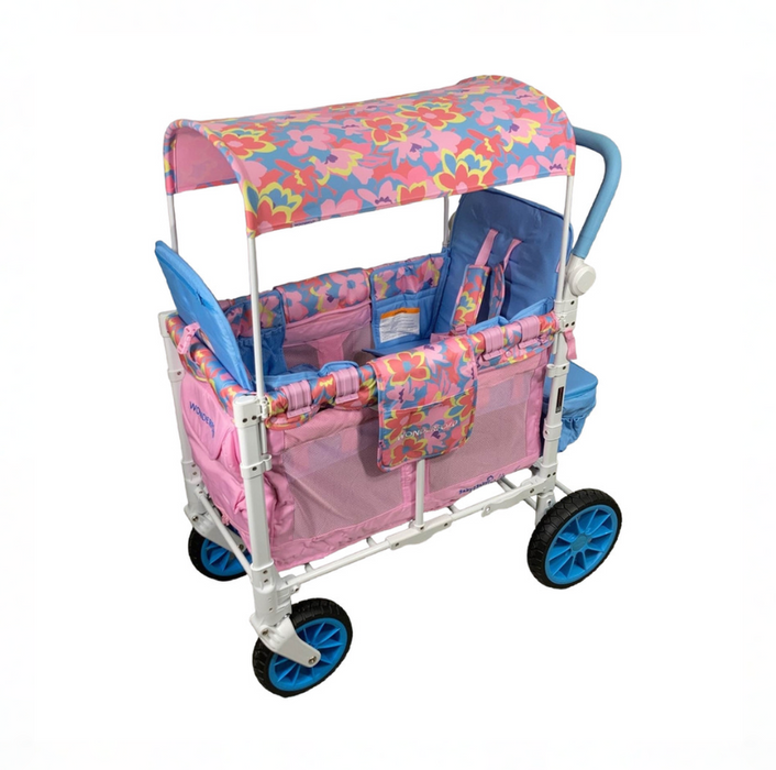 Wonderfold W2 Luxe Multifunctional Double Stroller Wagon, 2023, Petal Pop Fabric, White Frame with Blue Handlebar