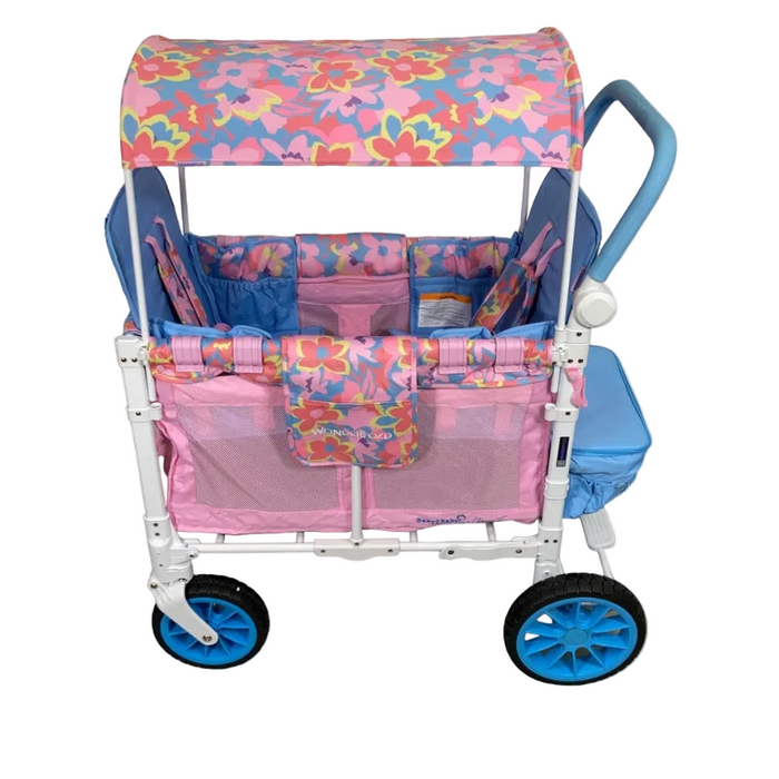 Wonderfold W2 Luxe Multifunctional Double Stroller Wagon, 2023, Petal Pop Fabric, White Frame with Blue Handlebar