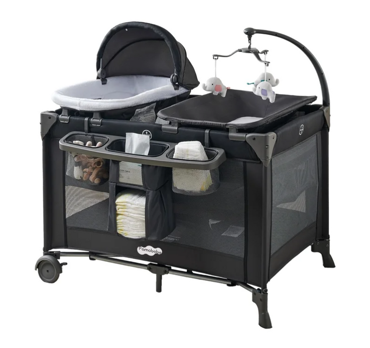 Pamo Babe Pack and Play 4-in-1 Baby Playard with Bassinet & Changing Table, Black