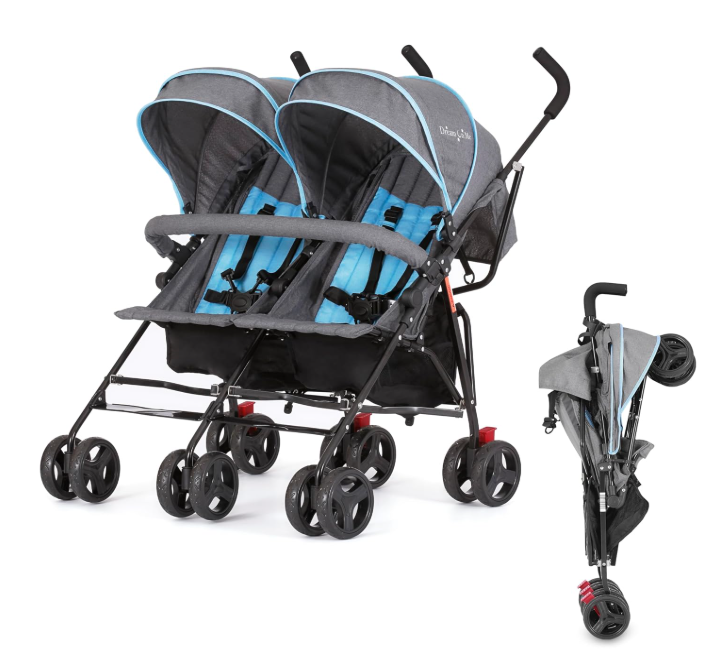 Dream On Me Volgo Twin Umbrella Stroller, Blue and Dark Grey