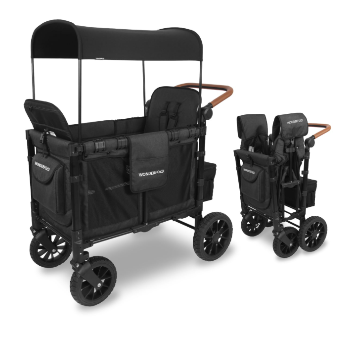 Wonderfold W2 Luxe Multifunctional Double Stroller Wagon, 2025, Black Frame with Brown Handlebar, Volcanic Black Fabric