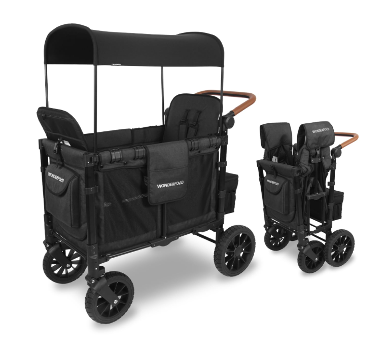 Wonderfold W2 Luxe Multifunctional Double Stroller Wagon, 2025, Black Frame with Brown Handlebar, Volcanic Black Fabric