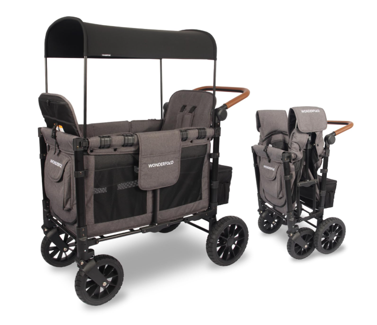 Wonderfold W2 Luxe Multifunctional Double Stroller Wagon, 2024, Black Frame with Brown Handlebar, Charcoal Gray Fabric