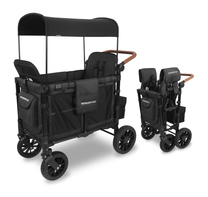 Wonderfold W2 Luxe Multifunctional Double Stroller Wagon, 2026, Volcanic Black Fabric, Black Frame with Brown Handlebar