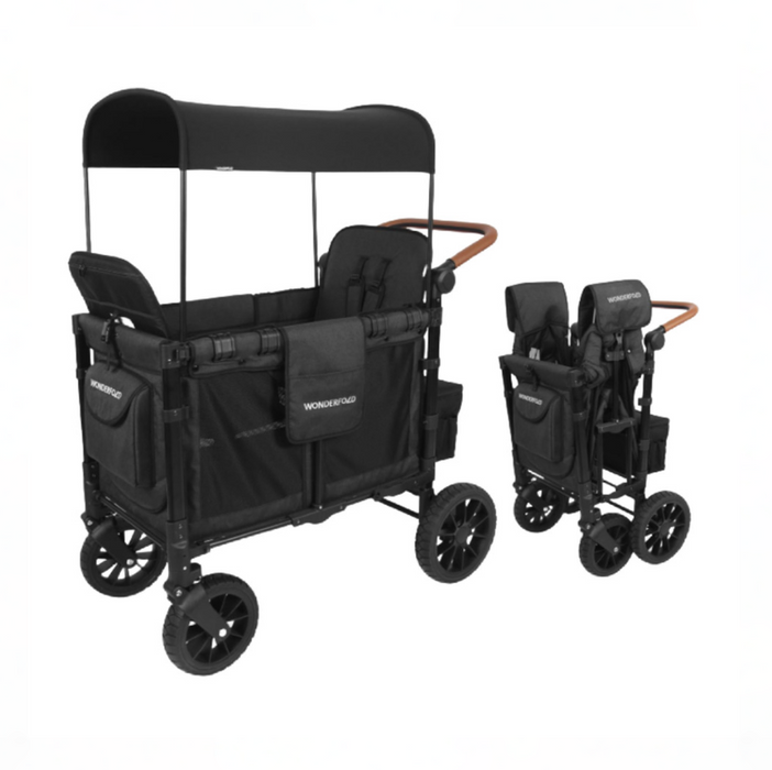 Wonderfold W2 Luxe Multifunctional Double Stroller Wagon, 2025, Black Frame with Brown Handlebar, Volcanic Black Fabric