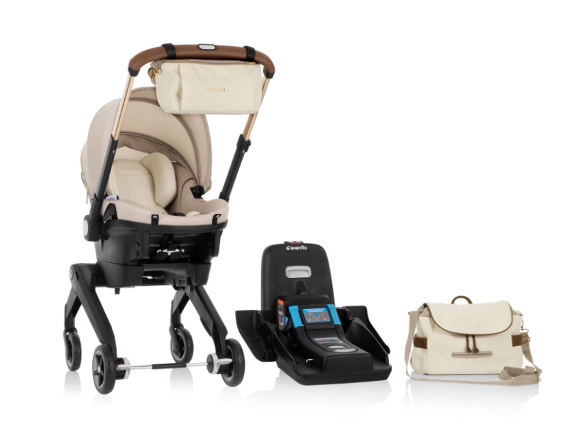 Evenflo Gold Shyft Dual Ride Infant Car Seat Stroller Combo, Champagne, 2025, with Green/Gentle Fabric