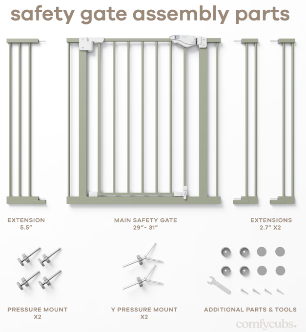 Comfy Cubs Baby Safety Gate with 3 Extensions, Sage