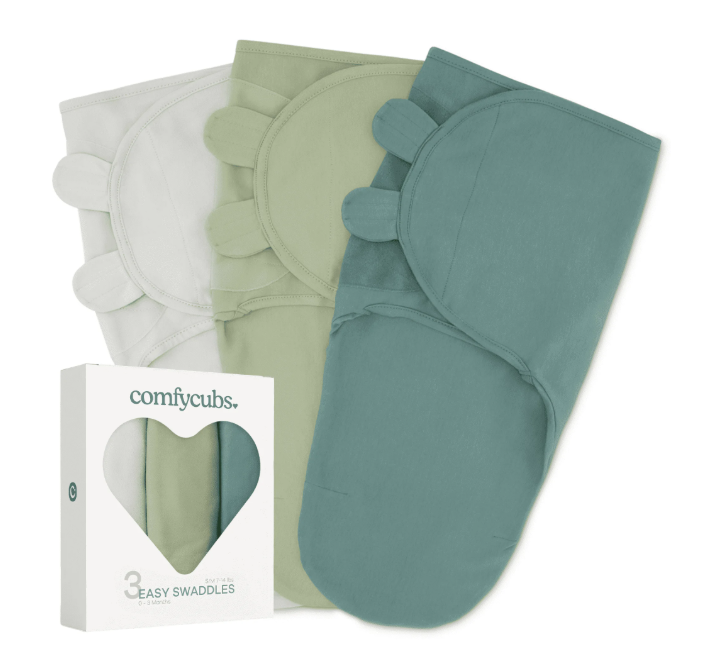 Comfy Cubs Easy Swaddle Blankets 3 Pack, Small/Medium (7-14lbs), Stone/Sage/Azul