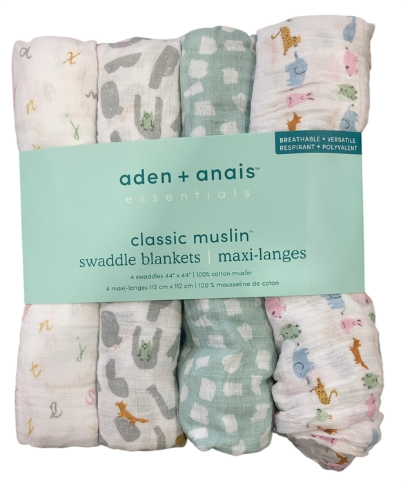 Shop Aden + Anais Cotton Muslin Swaddle, 4 Pack, 44" x 44", Alphabet Animals, Classic Muslin at GoodBuy Gear