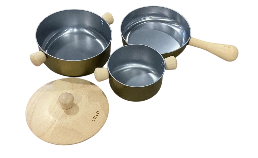 Shop Lalo Wooden Metallic Pots & Pans Kids Play Kitchen Set, Wooden at GoodBuy Gear