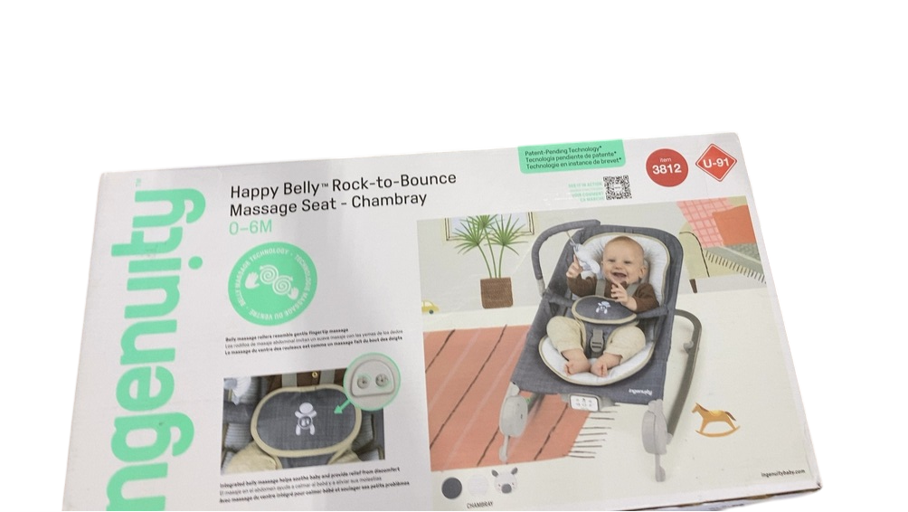 Shop Ingenuity Happy Belly Rock-to-Bounce Massage Seat, Chambray at GoodBuy Gear