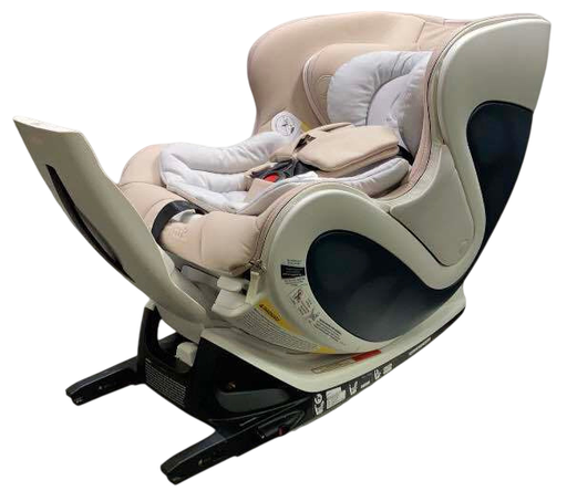 Beige and gray baby car seat with black base on a white background