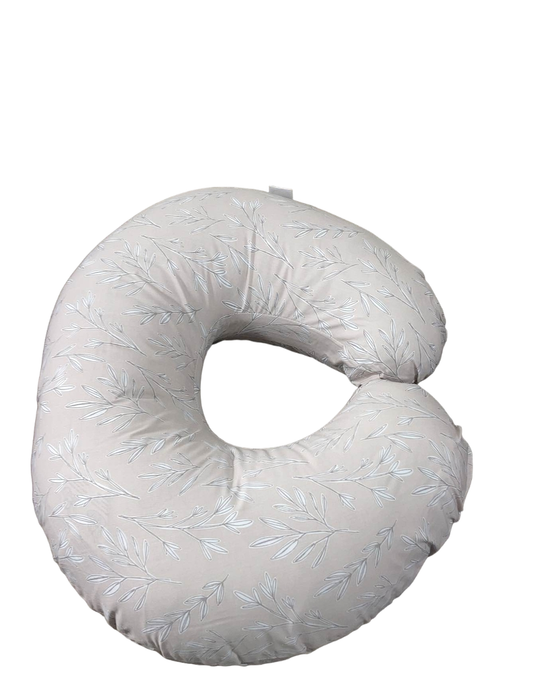 secondhand Boppy Nursing and Infant Support Pillow, White leaves, taupe background