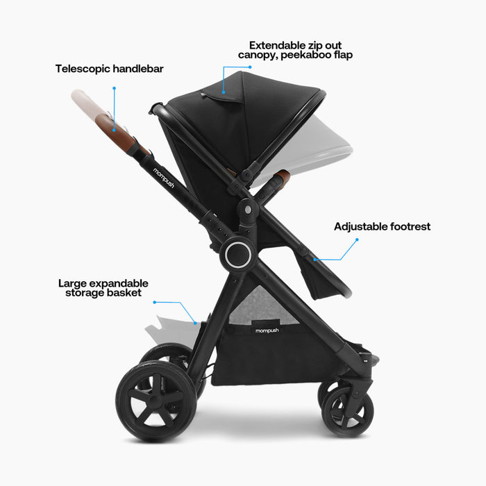 Mompush Ultimate 2 Baby Stroller with Bassinet, 2024, Black with Black Frame