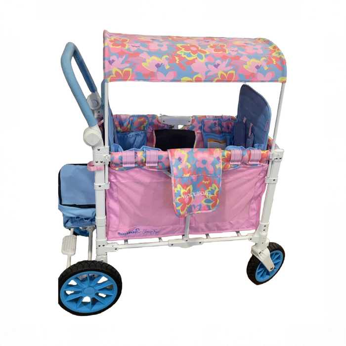 Shop Wonderfold W4 Luxe Quad Stroller Wagon, 2023, Petal Pop Fabric, White Frame with Blue Handlebar at GoodBuy Gear