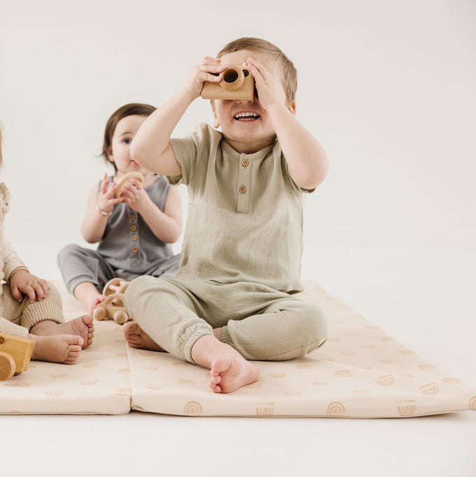 Toki Mats Padded Play Mat, Rainbow Stamp in Cream Vegan Leather, Multiple Sizes