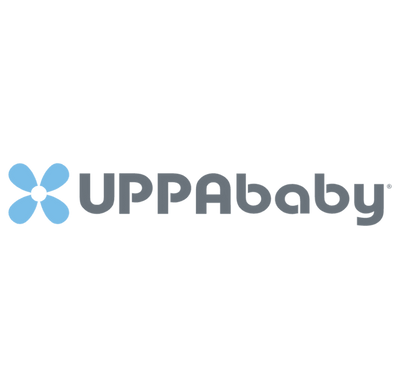 UPPAbaby logo on a plain white background, with a light blue four-petal icon and gray text.