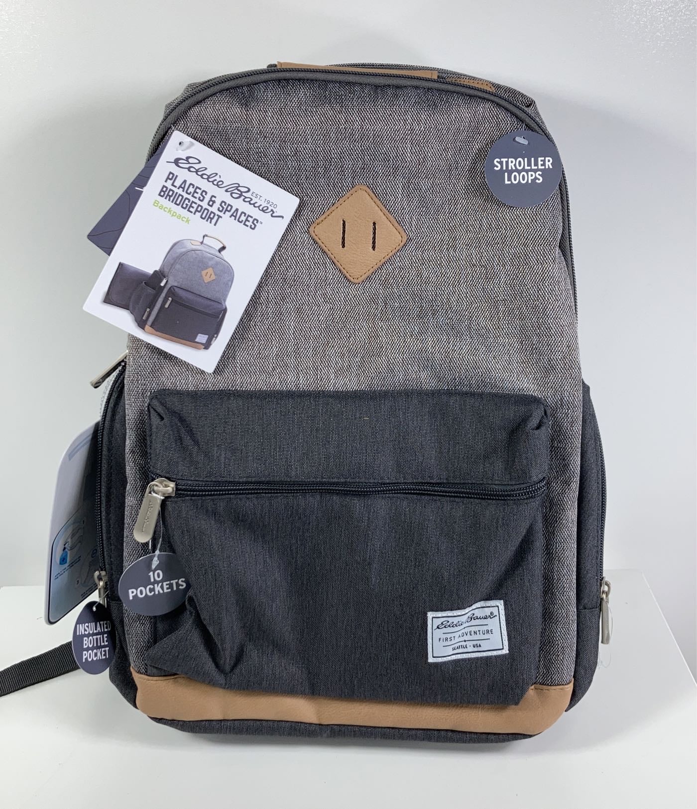 Eddie Bauer Bridgeport Diaper Backpack, Grey with Tan