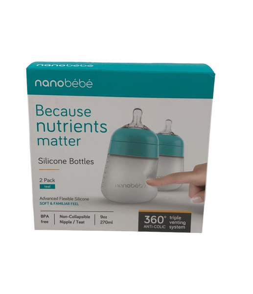 Nanobebe Flexy Silicone Baby Bottles, Anti-Colic, Natural Feel,  Non-Collapsing Nipple, Non-Tip Stable Base, Easy to Clean - 3-Pack, Teal, 9  oz