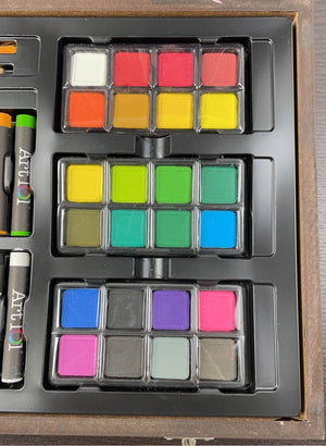 Art 101 Doodle and Color 142 Pc Art Set in a Wood Carrying Case, Includes  24 Premium Colored Pencils, A variety of coloring and painting mediums:  crayons, oil pastels, watercolors; Portable Art