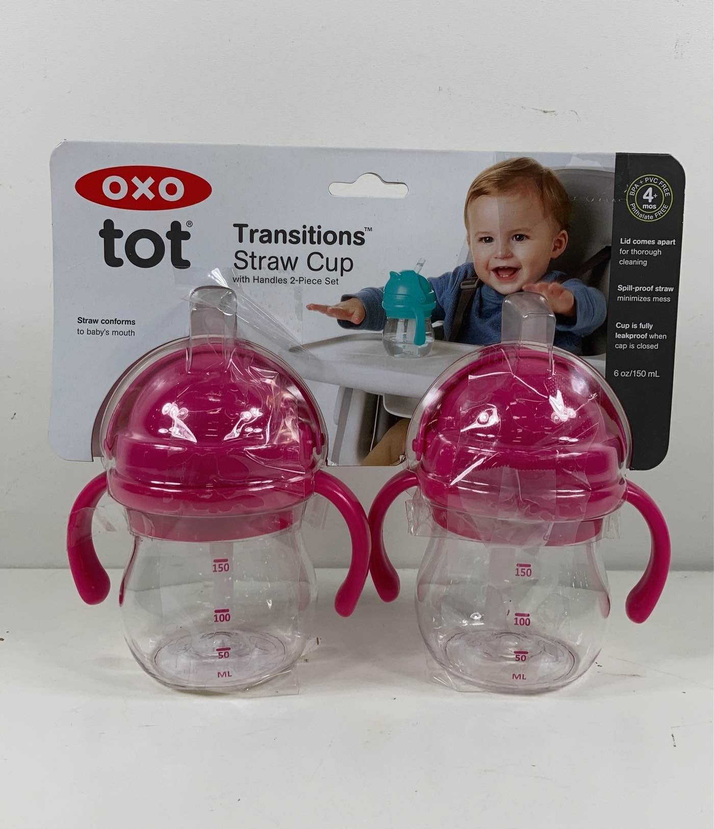 OXO Tot Transitions Straw Cups with Handles Set, Pink