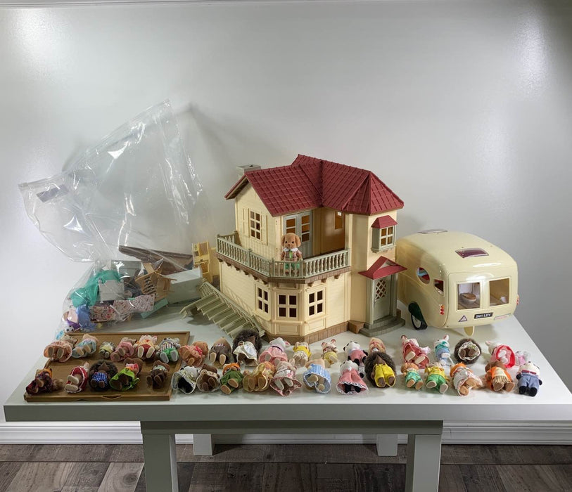 used Calico Critters Red Roof Country Home, With Caravan