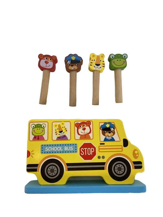 used Woody Treasures Wooden Pop Up Toy, School Bus