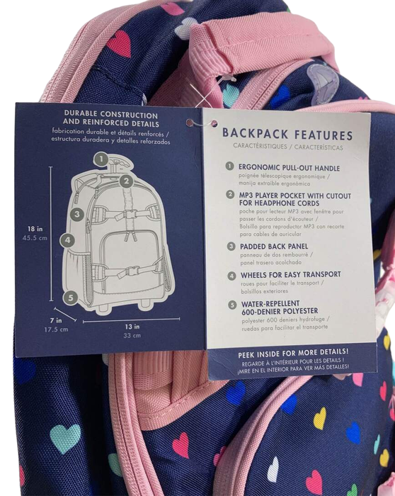 Pottery Barn Kids Rolling Backpack, Mackenzie Navy Pink Multi Hearts