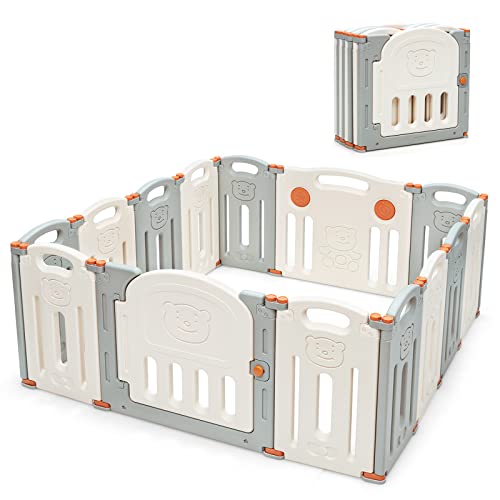 Costway Foldable Baby Playpen 14 Panel Activity Center Safety Play Yard, Beige/Grey