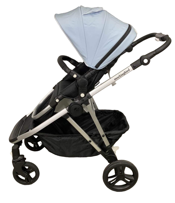 secondhand Mockingbird Single to Double Stroller, 2022, Silver with Black Leather, Watercolor Drops, Sky