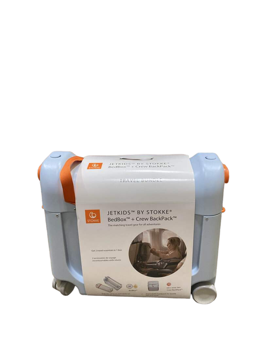 Shop Stokke JetKids BedBox + Crew Backpack Travel Bundle, Blue Sky at GoodBuy Gear