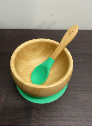 Avanchy Bamboo Baby Suction Bowl/Spoon Green