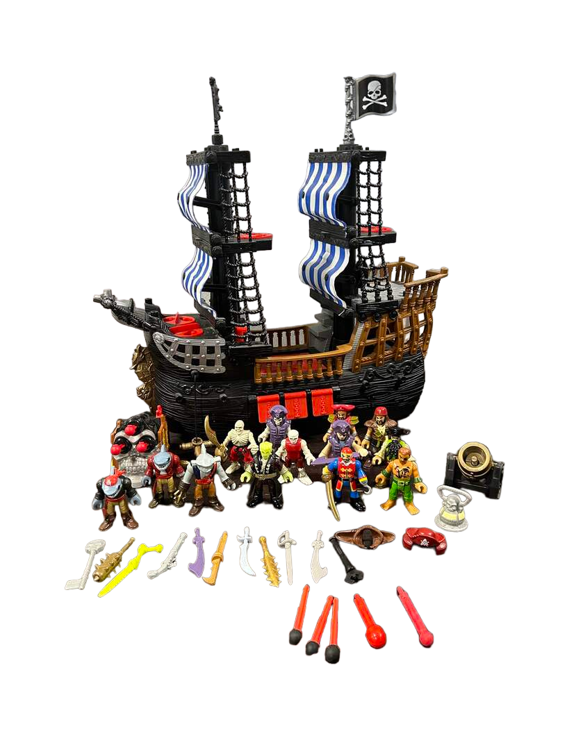Fisher-Price Imaginext Black And Red Pirate Ship With 2 Figures - Action Play Set For Kids, Import Edition