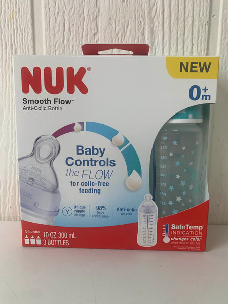 NUK Smooth Flow Anti Colic Baby Bottle, 10 oz, 3 Pack, Elephant