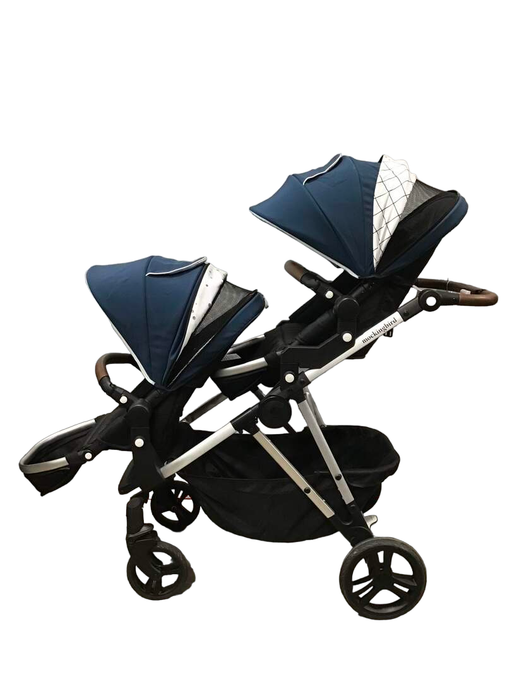 secondhand Mockingbird Double Stroller, 2020, Sea, Watercolor Drops And WindowPane, Silver with Penny Leather