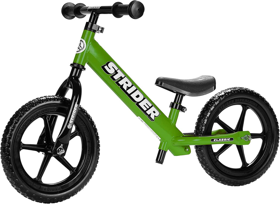 used Strider Balance Bike 12” Classic, Green, With Strider Snow Ski Set