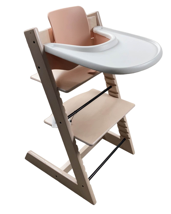 used Stokke Tripp Trapp High Chair with Baby Set and Tray, Serene Pink, White