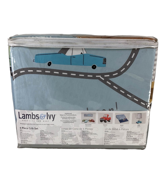 secondhand Lambs & Ivy Four Piece Crib Set, Baby Car Tunes Collection