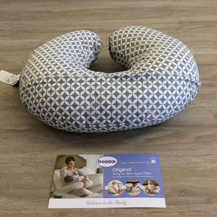 secondhand Boppy Nursing Pillow, In grey circles